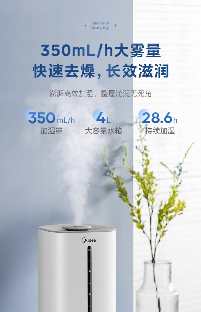 美的/MIDEA 家用小型加湿器卧室客厅轻音孕妇婴儿大雾量大容量空气喷雾器