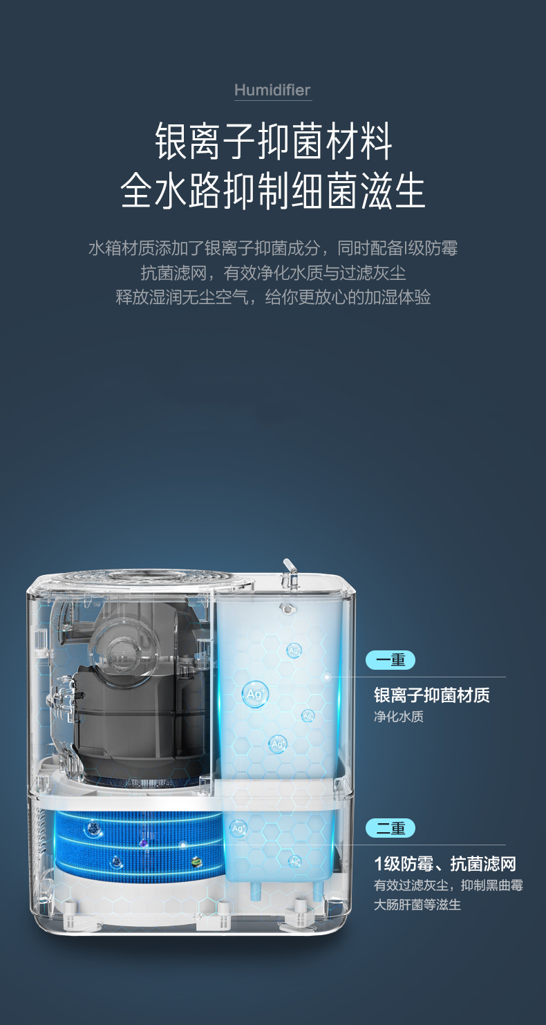 美的/MIDEA 无雾加湿器家用卧室纯净式大容量大雾量轻音抑菌加湿器