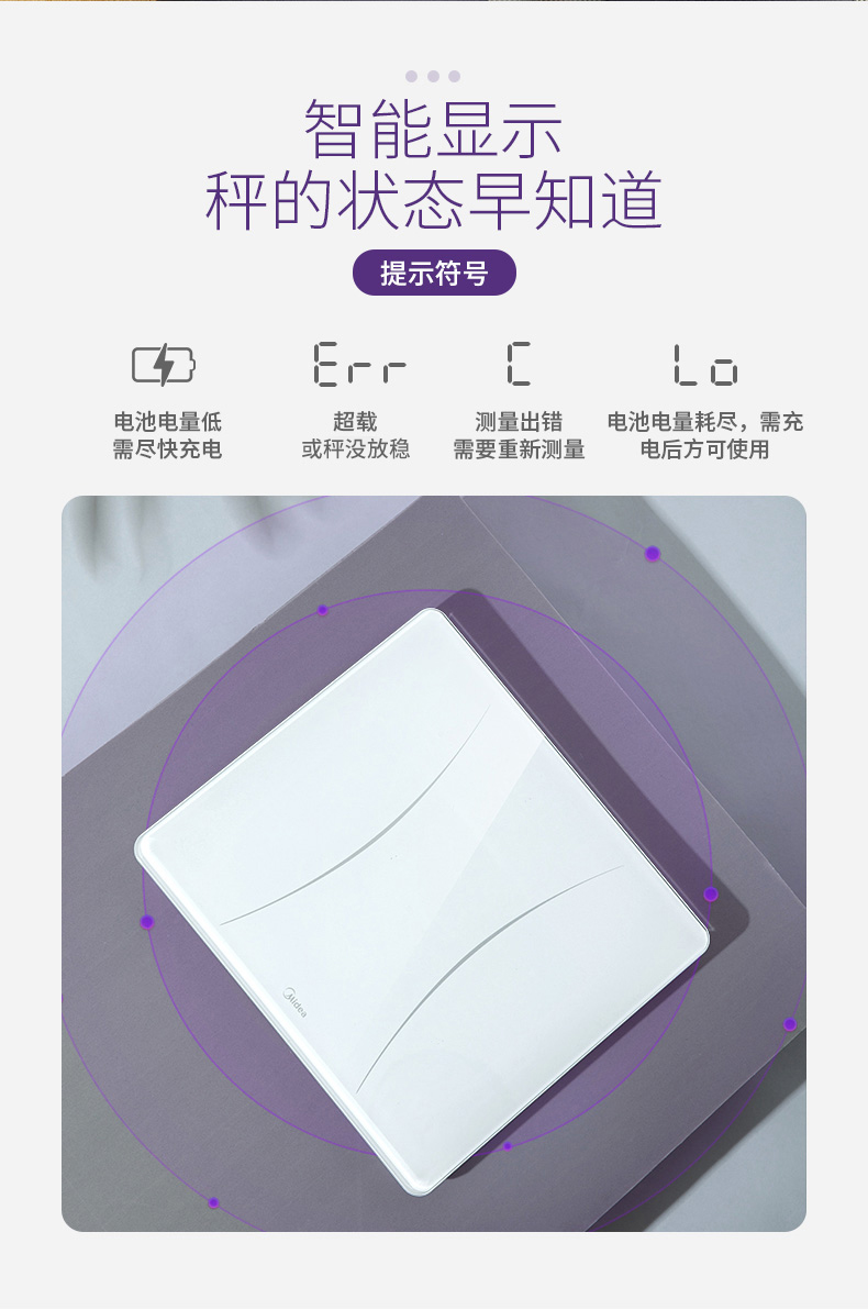 美的/MIDEA 家庭智能人体秤精准测重体重秤宿舍小型称重测脂肪高精度健康 白