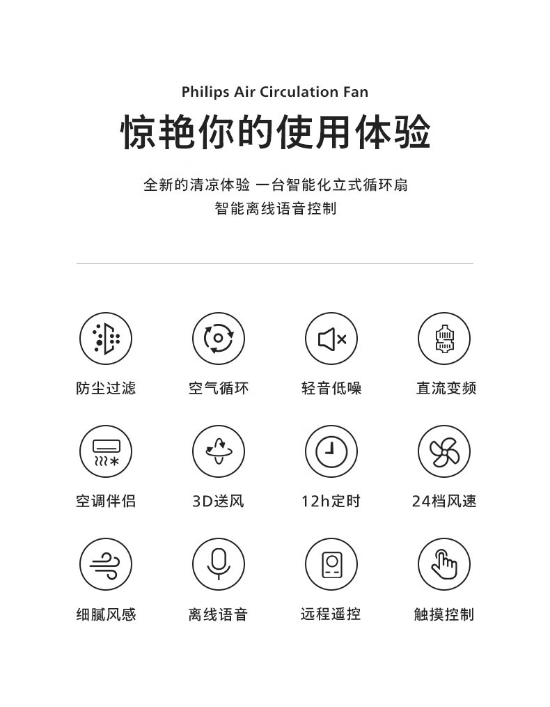飞利浦/PHILIPS 空气循环扇电风扇落地扇家用直流变频一体升降3D摇头