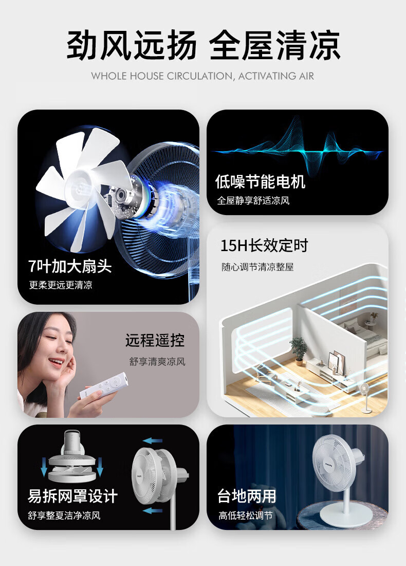 飞利浦/PHILIPS 风扇落地扇家用七叶轻音台地两用立式电扇3D送风