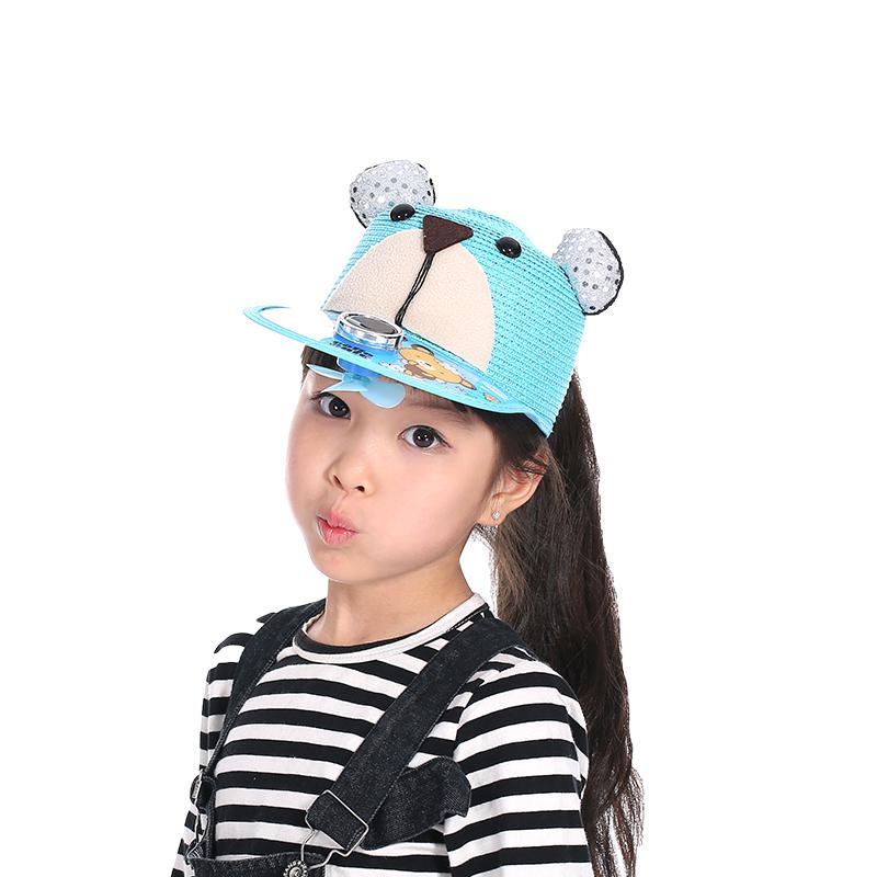 夏季太阳能风扇帽子 韩版卡通儿童太阳能草帽圆顶草编防晒鸭舌帽