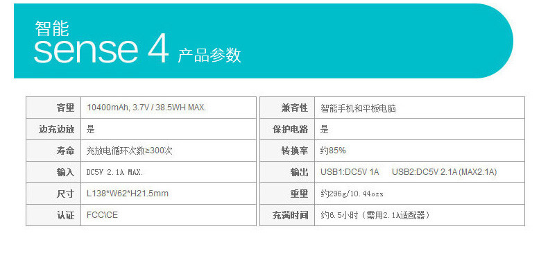 sense4 正品10000+毫安移动电源 手机通用充电宝