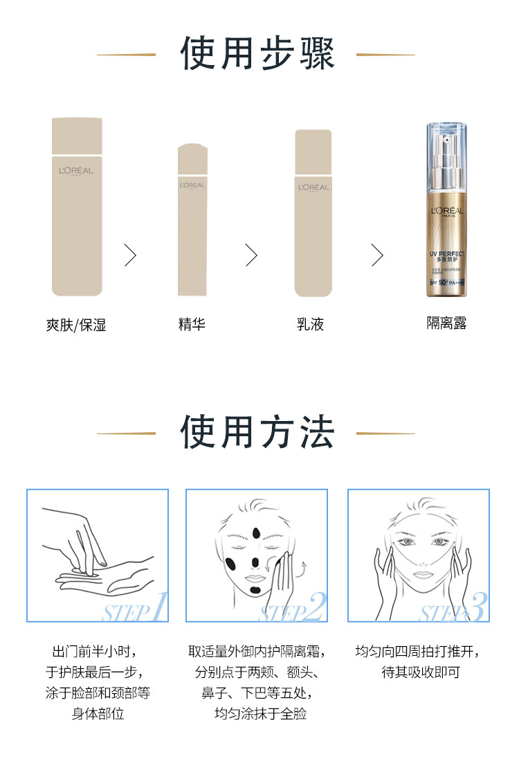 欧莱雅/LOREAL 小金管防紫外线保湿防晒隔离霜清爽不油保湿PSF50 PA++++