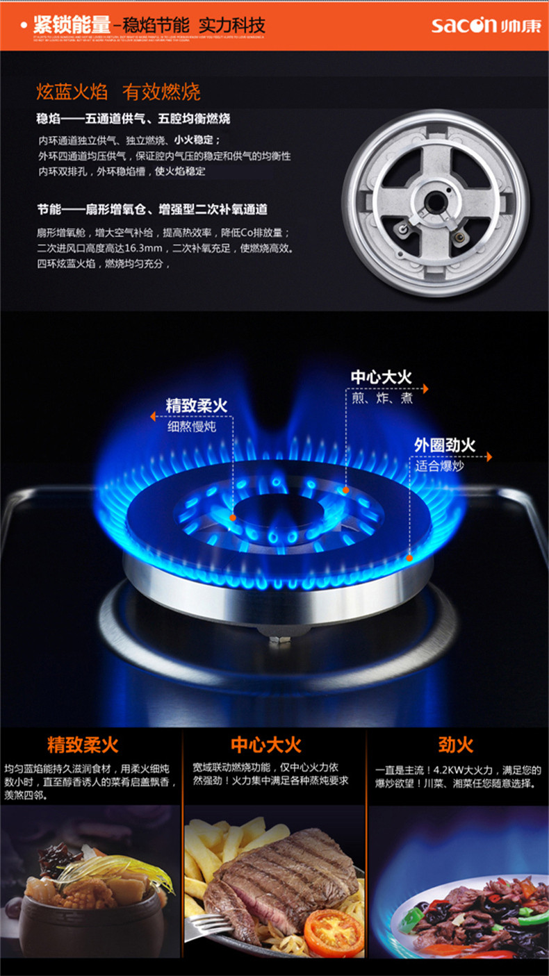 Sacon/帅康 QA-E2-35G燃气灶具不锈钢天然气/液化气/人工煤气灶具4.2KW大火力