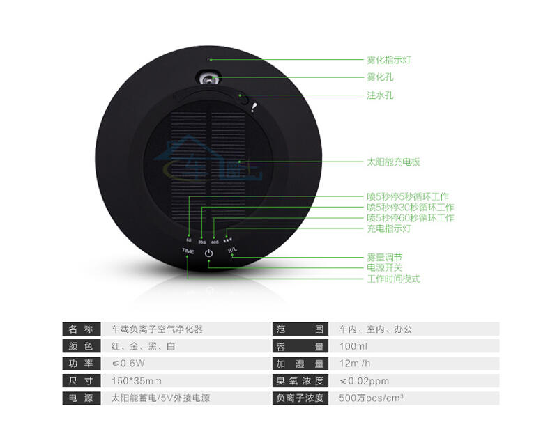 车爵士 车载太阳能空气净化器 车家两用负离子香薰加湿净化器 去除甲醛PM2.5 新车异味BU-1
