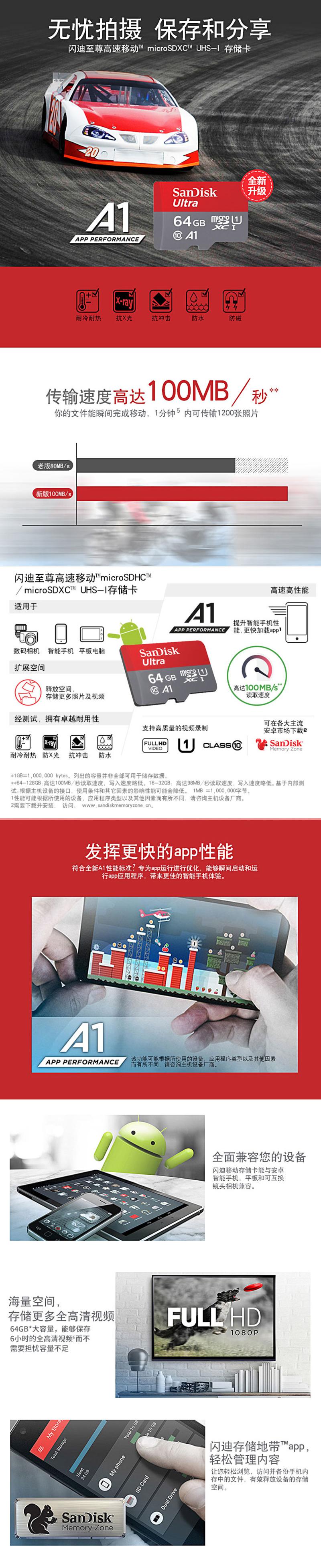 闪迪SanDisk 高速移动MicroSDHC UHS-I存储卡 TF卡 64G Class10