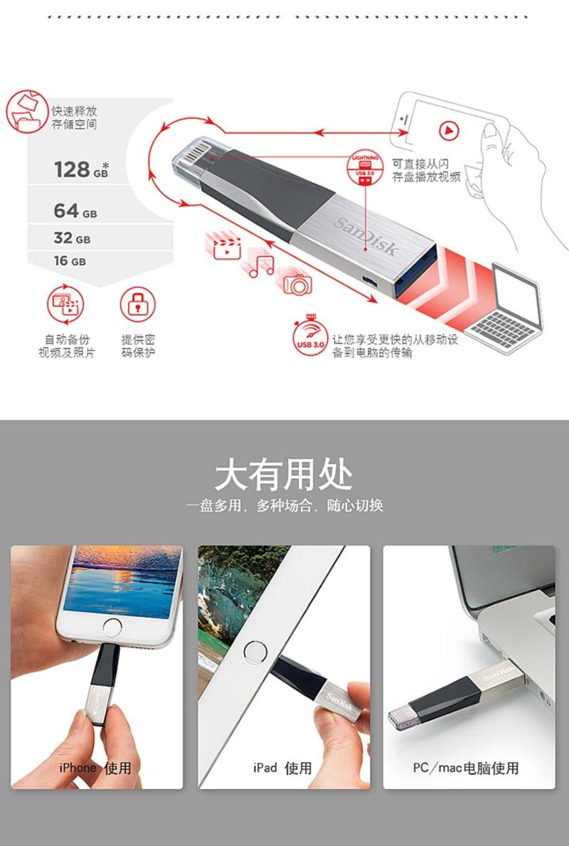 闪迪 SanDisk 手机U盘 欣享苹果iPhone/IPAD闪存盘 64G