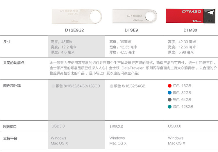 金士顿（Kingston）32GB U盘 USB3.0 DTSE9G2 金属迷你型车载U盘