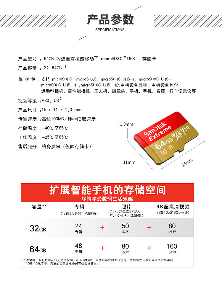 闪迪 A1 64GB 读速100MB/s 写速60MB/s 至尊极速移动存储卡 TF卡