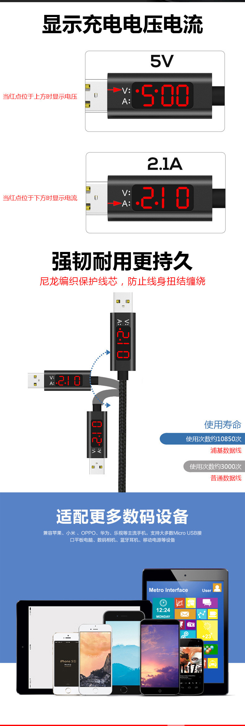 机械战警 LED数显示电流电压苹果安卓type-c数据线尼龙编制充电线