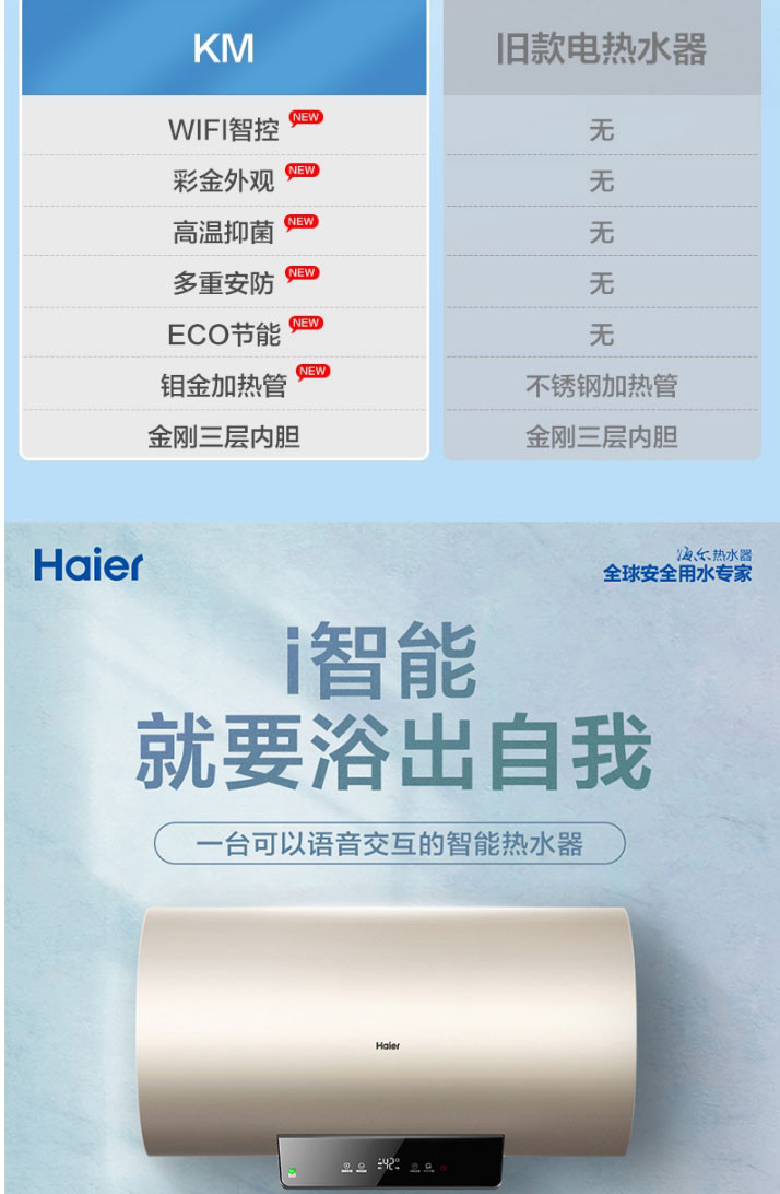 海尔/Haier  EC6001-KM(U1) 60升电热水器家用智能速热小型储水式卫生间洗澡