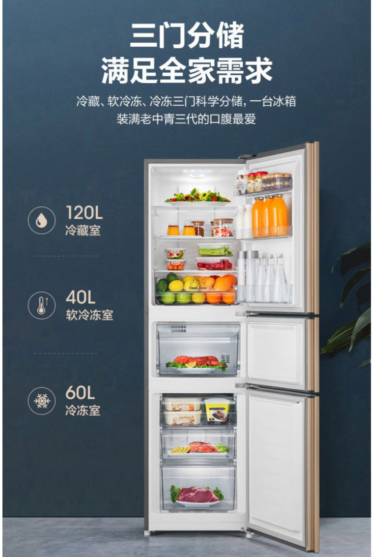 海信 BCD-220D/Q 电冰箱三门式家用节能静音冷藏冷冻保鲜