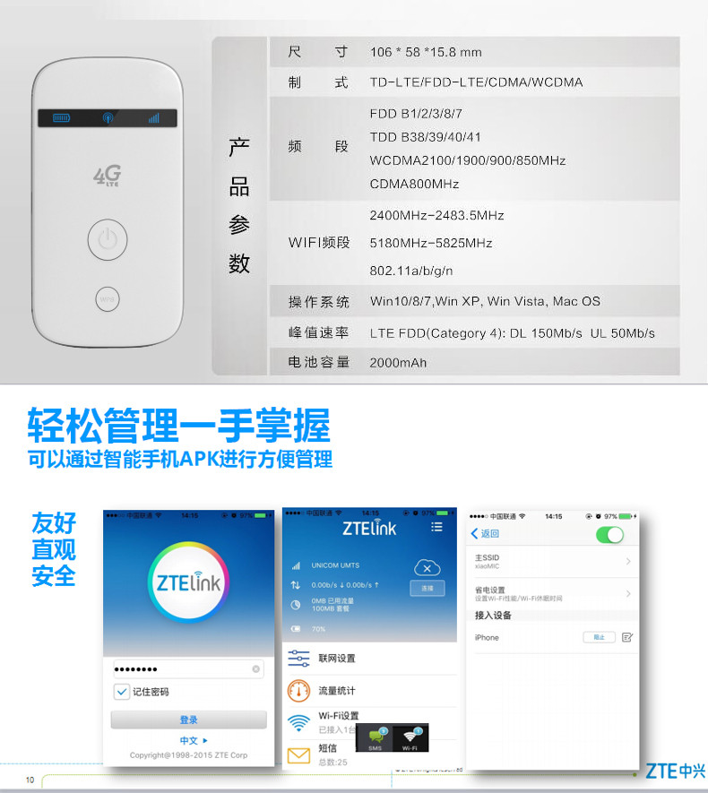 中兴/ZTE 中兴MF90G电信移动联通三网六模无线路由器全球通用4G路由器WiFi