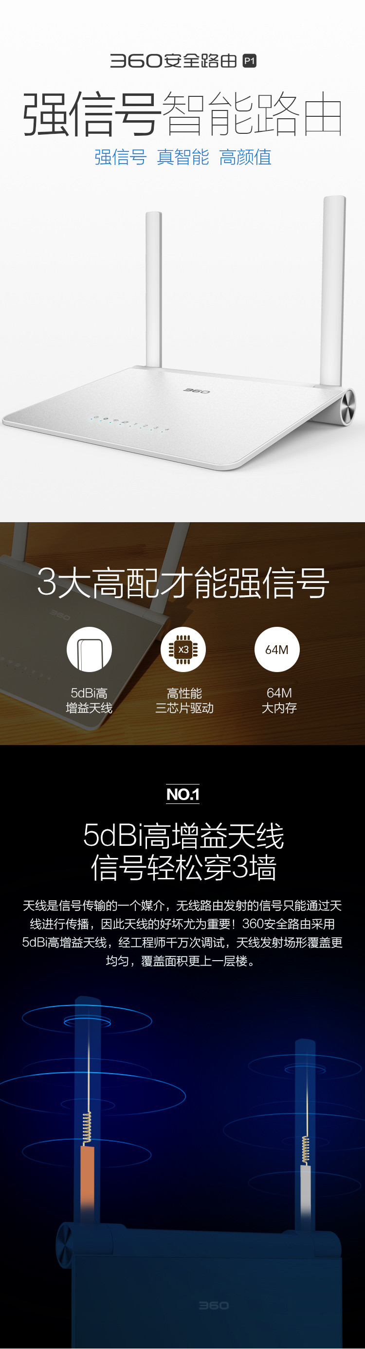 360  360安全路由器P1 家用300M无线穿墙 光纤wifi信号放大 智能无线路由器