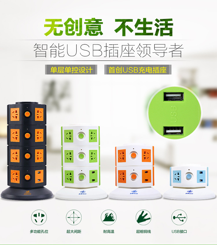 【湛江馆】吉顺王JSW-612KUB二层带USB立式插座3米线