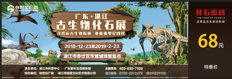 【湛江馆】广东首届恐龙化石展门票—湛江站（特惠票）注：限1—1.5米儿童及70岁以上老人使用