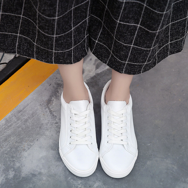 RA明星同款皮面帆布鞋女韩版系带小白鞋女平底白色板鞋休闲单鞋