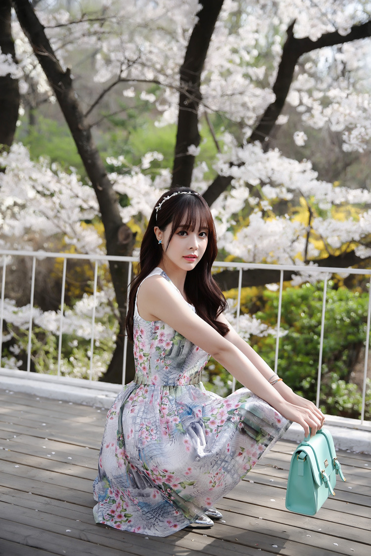 DSW夏季新款女装 韩版甜美印花欧根纱无袖连衣裙F6673