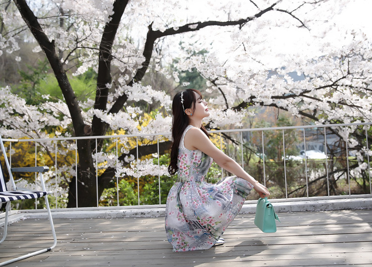 DSW夏季新款女装 韩版甜美印花欧根纱无袖连衣裙F6673