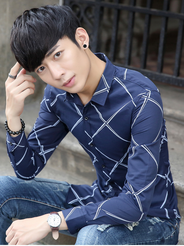 BJN2018韩版春秋装新款男式条纹长袖衬衫男士印花免烫衬衣潮