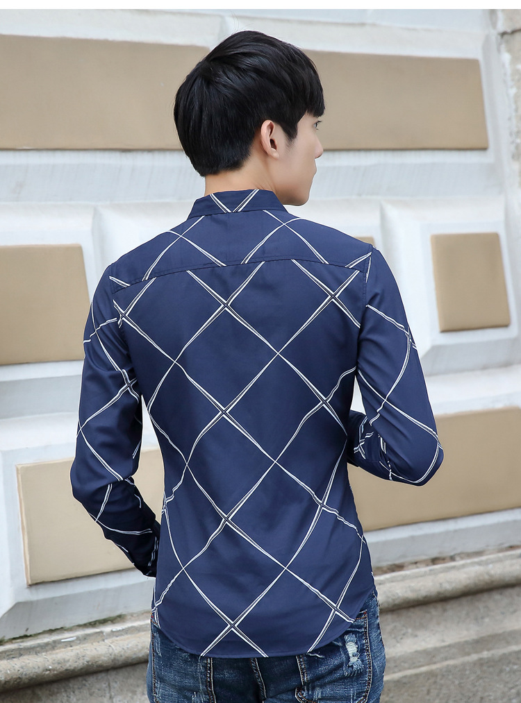 BJN2018韩版春秋装新款男式条纹长袖衬衫男士印花免烫衬衣潮