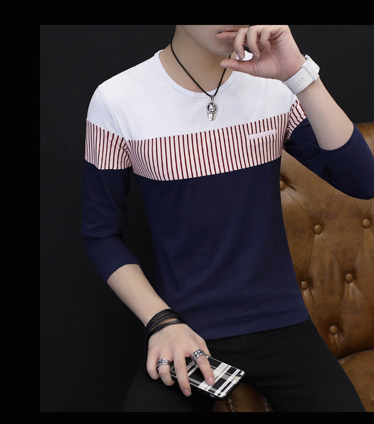 YK2018男式长袖T恤纯棉修身韩版拼接男士t恤男装个性潮流运动打底衫