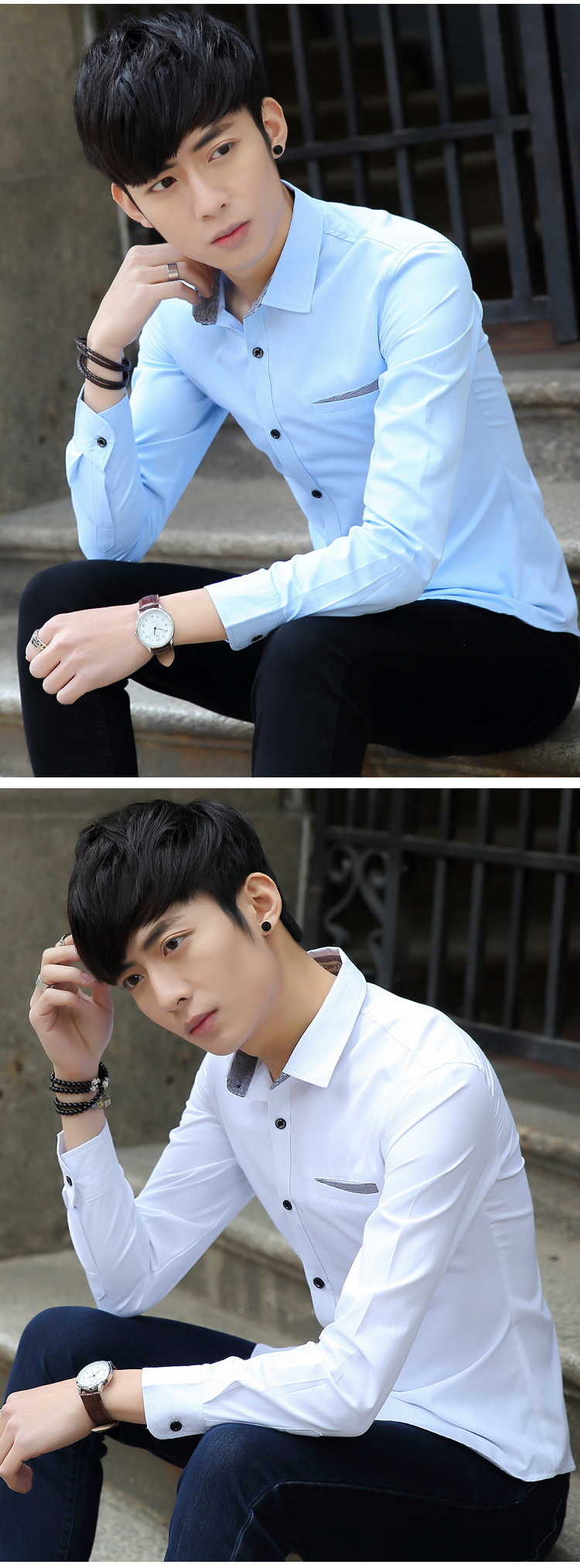 BJN春季新款韩版修身男式长袖衬衫男士免烫打底正装衬衣