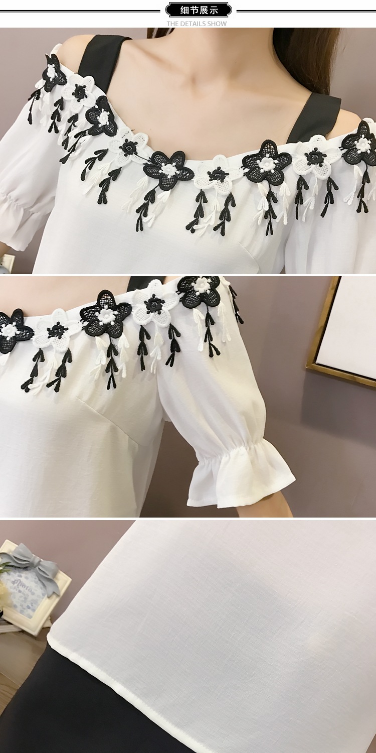 LR2018新款韩版一字领绣花流苏拼接吊带打底喇叭袖雪纺衫