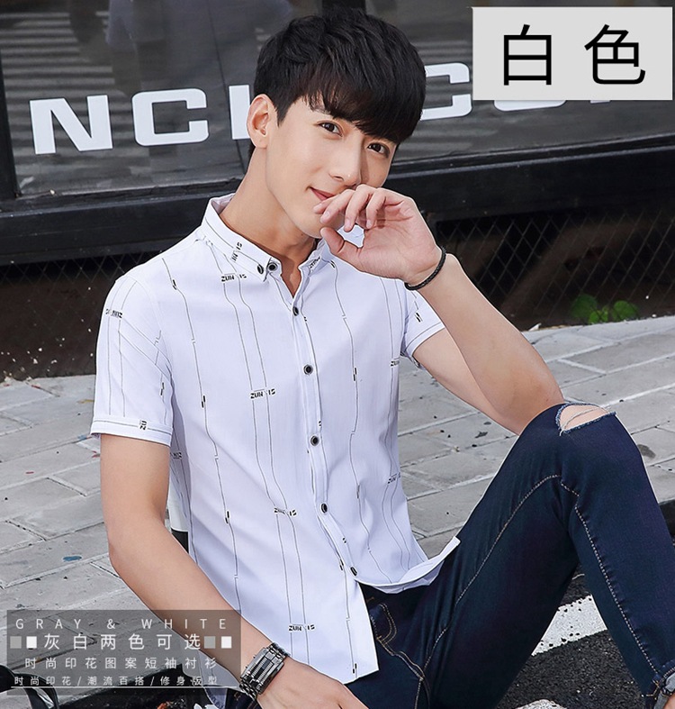 BJN2018夏季潮流男装韩版修身印花短袖衬衫男士日系格子学生休闲