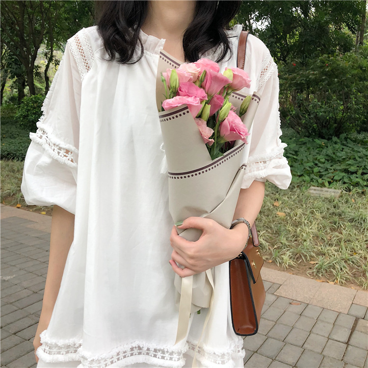 YE[3372]韩版花边镂空7分袖系带灯笼袖中裙v领白色蕾丝连衣裙