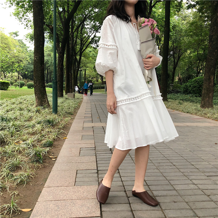 YE[3372]韩版花边镂空7分袖系带灯笼袖中裙v领白色蕾丝连衣裙