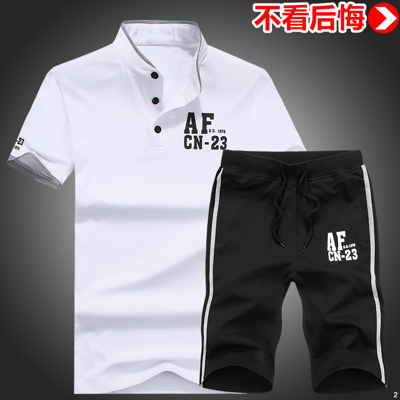CX2018新款男士AF套装男装短袖T恤男立领半袖套装男韩版修身短裤