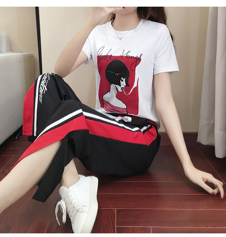 FX2018夏季韩版胖mm加肥加大新款时尚印花T恤+阔腿裤女装套装夏