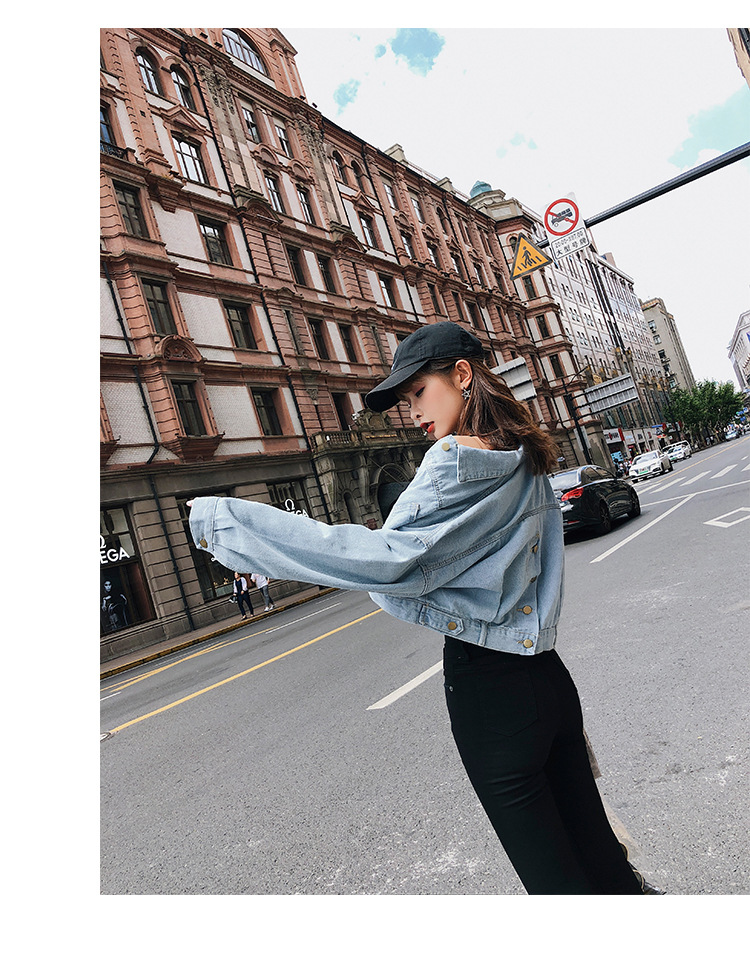 【朵维思】2018新款短款后背纽扣学生牛仔外套韩版秋冬女装F5201