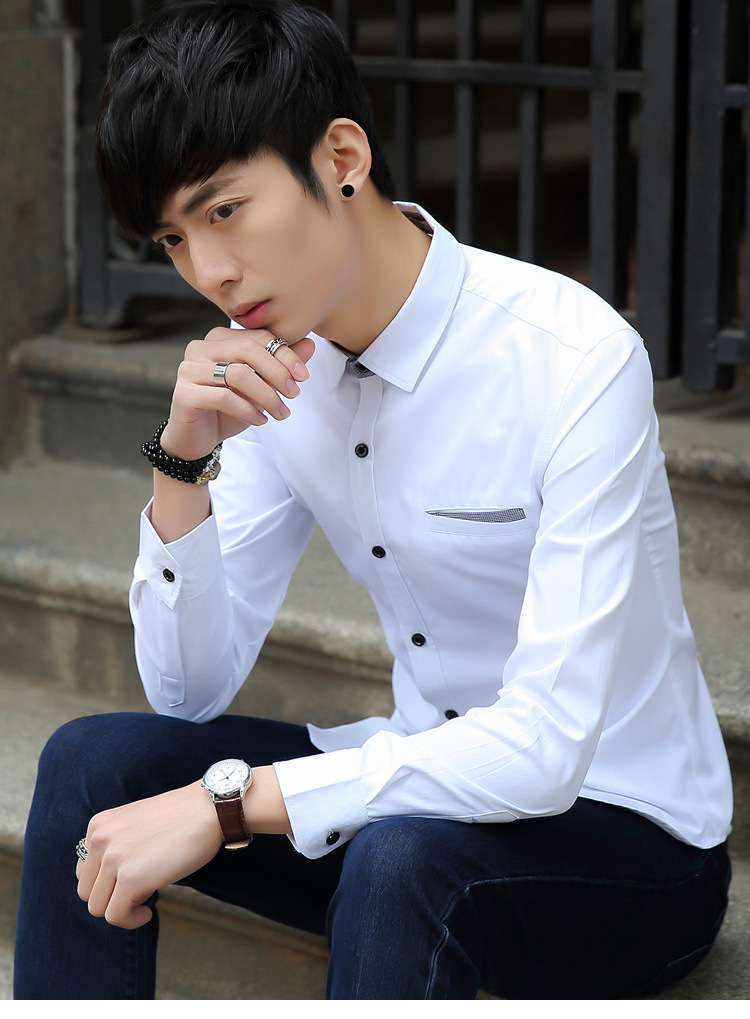BJN韩版潮流男装加绒加厚纯色长袖衬衫男士修身休闲保暖打底衬衣