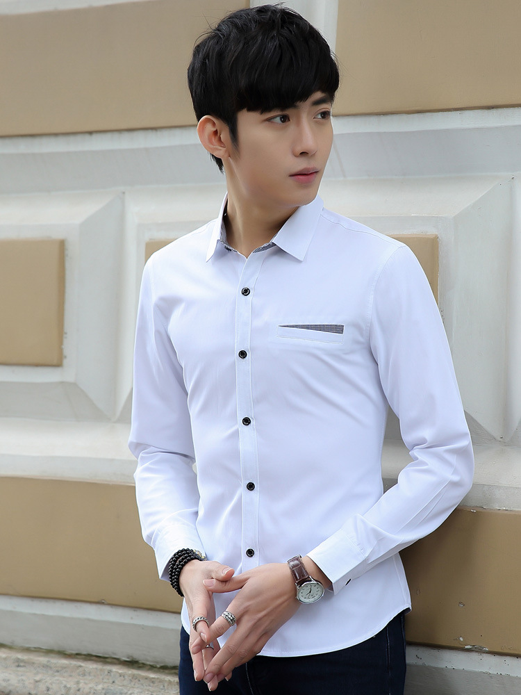 BJN韩版潮流男装加绒加厚纯色长袖衬衫男士修身休闲保暖打底衬衣