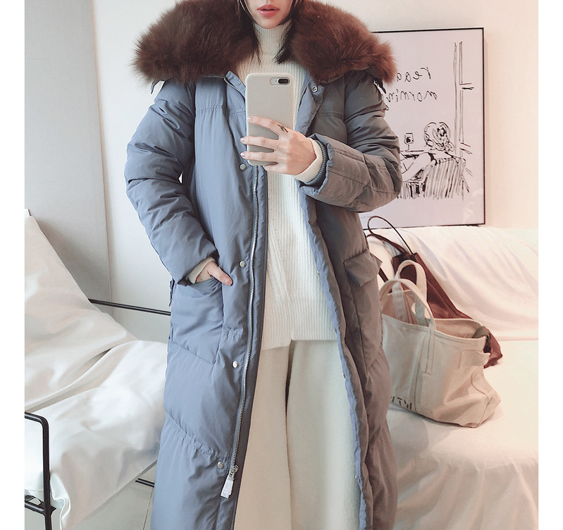 2018冬季新品女装 韩国加长白鸭绒大狐狸毛皮草女式腰带羽绒服
