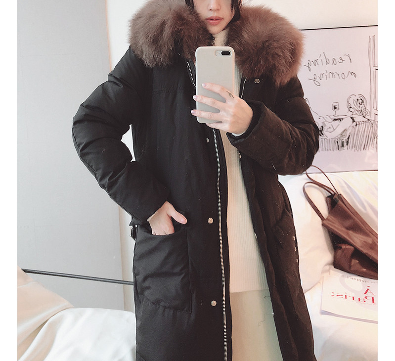 2018冬季新品女装 韩国加长白鸭绒大狐狸毛皮草女式腰带羽绒服