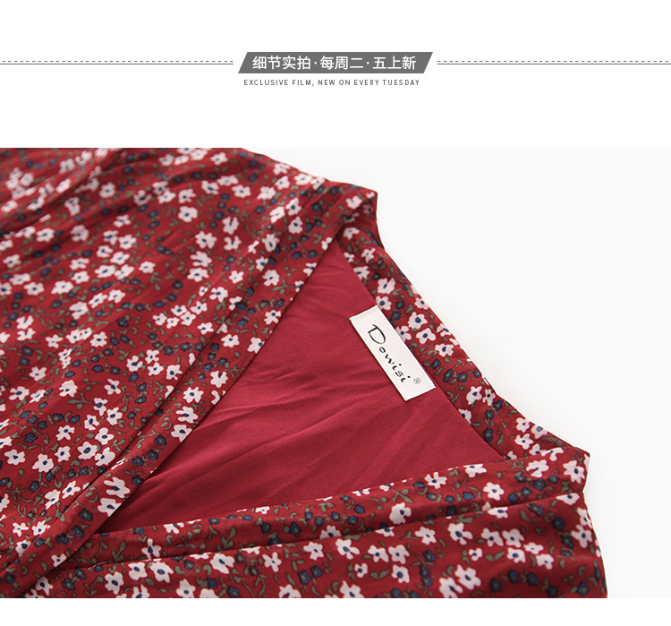 朵维思红色雪纺连衣裙女春季2019新款韩版女装过膝长袖碎花长裙F5866