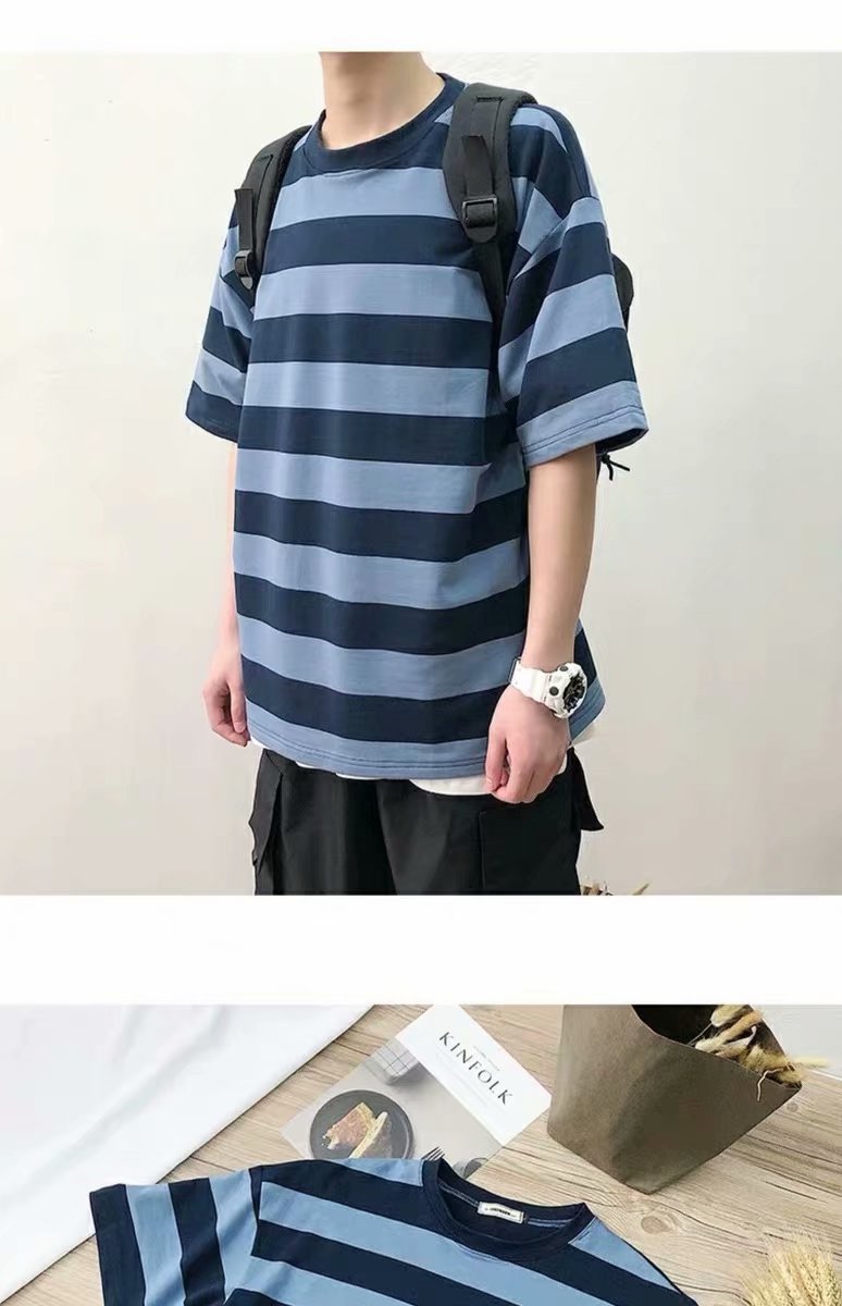 夏季港风男士条纹五分袖短袖t恤潮牌ins衣服半袖男韩版体恤衫衣服