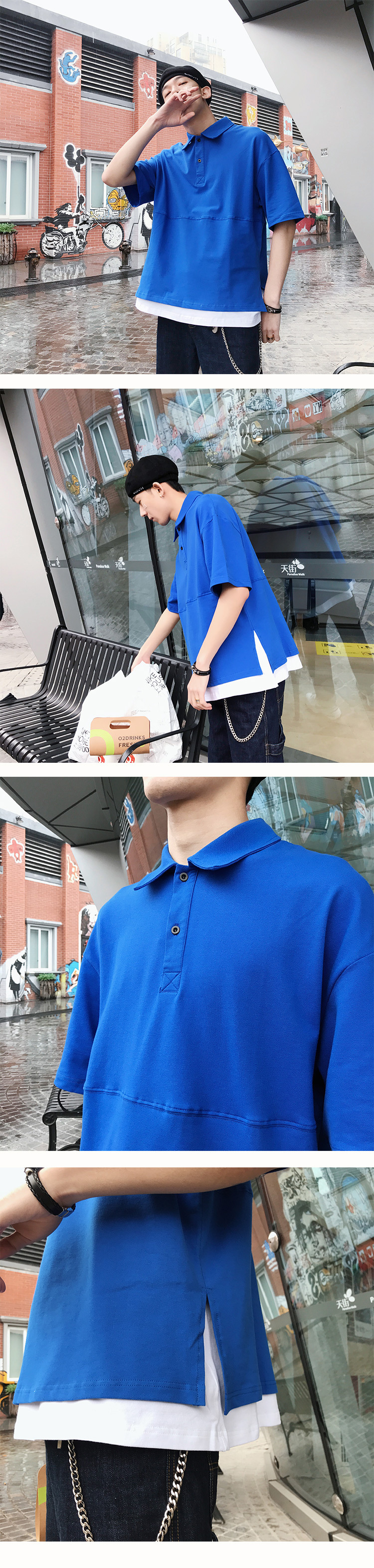 夏季男士短袖T恤韩版潮流半袖5五分袖港风假两件纯色青少年上衣服