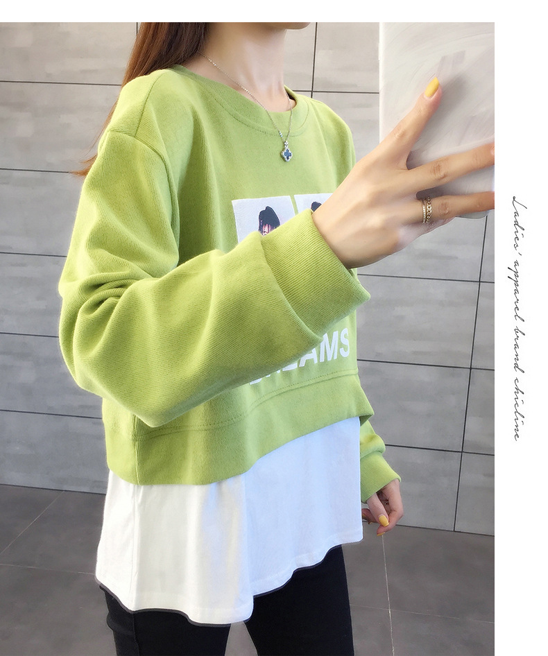 JY秋装新款韩版时尚印花美女圆领假两件长袖卫衣外套女装潮