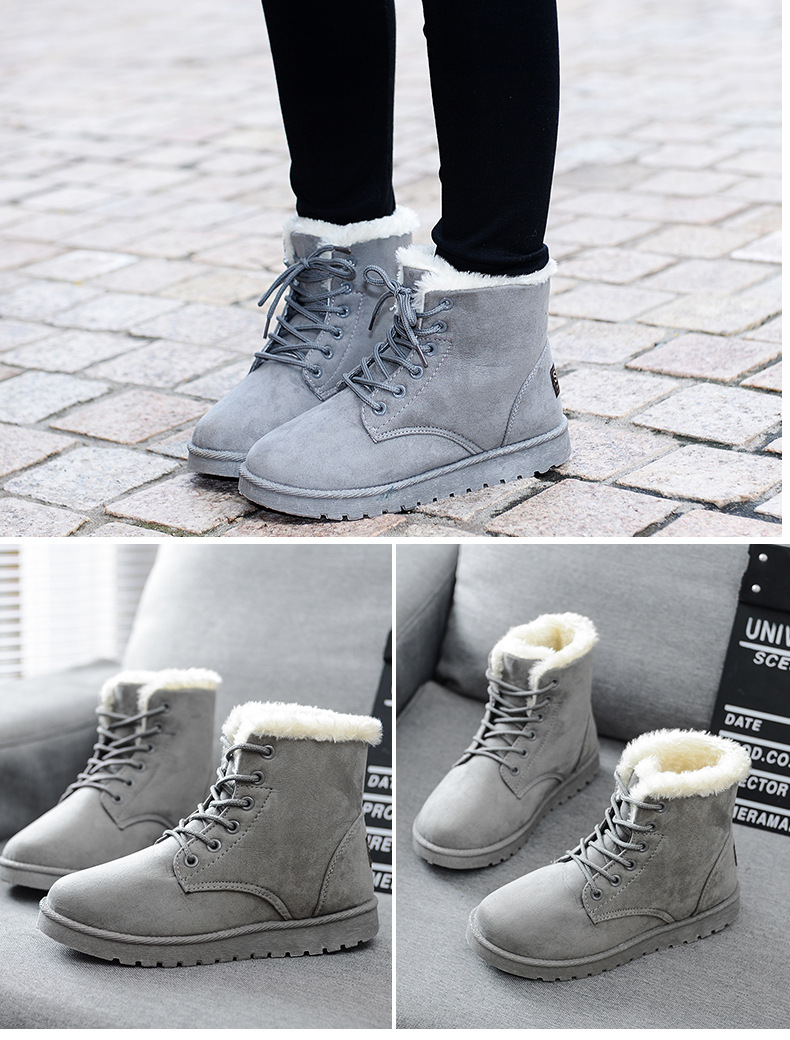 女式短靴新款冬季系带棉鞋女平底雪地靴保暖女靴子
