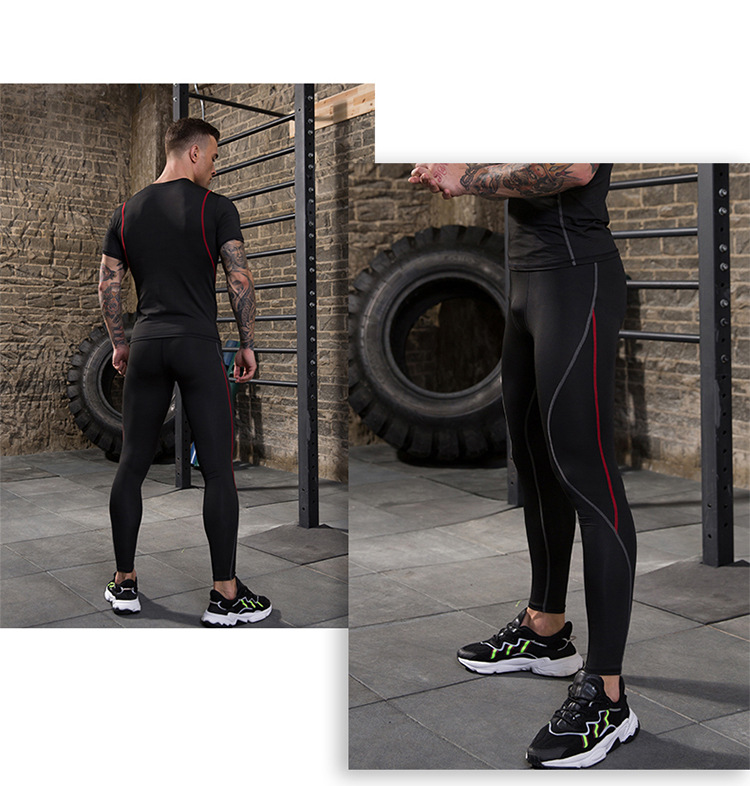 L男士紧身运动裤 健身跑步训练长裤时尚拼线撞色速干透气长裤91302