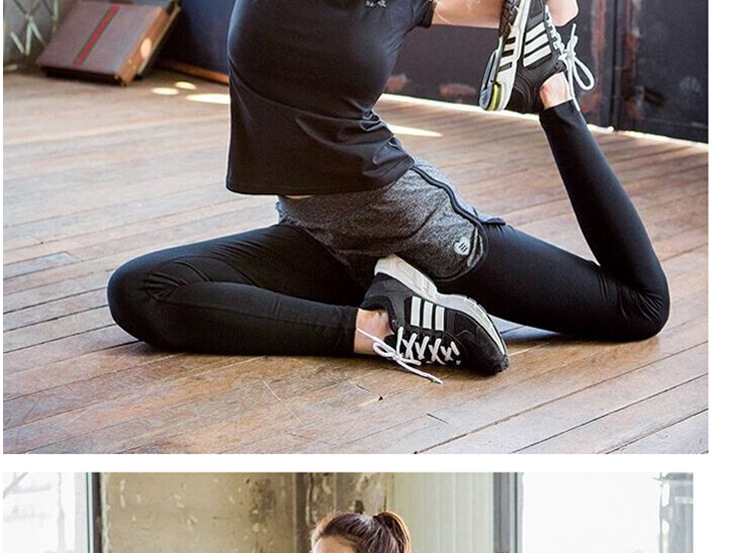 R韩版夏季瑜伽服两件套装短袖速干衣假两件透气吸汗运动健身服女士