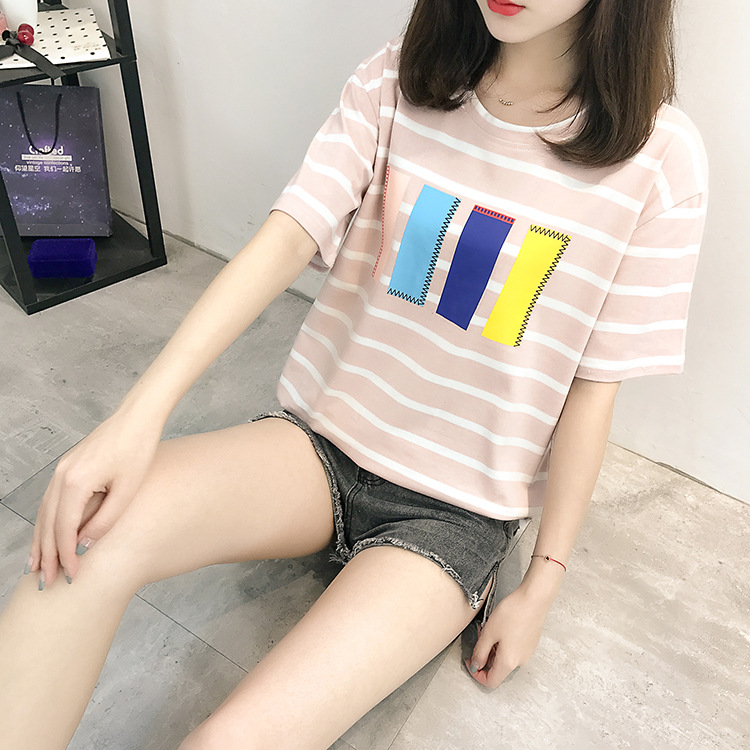HJT夏季韩版条纹 短袖T恤女
