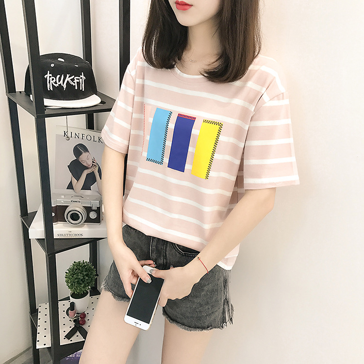 HJT夏季韩版条纹 短袖T恤女