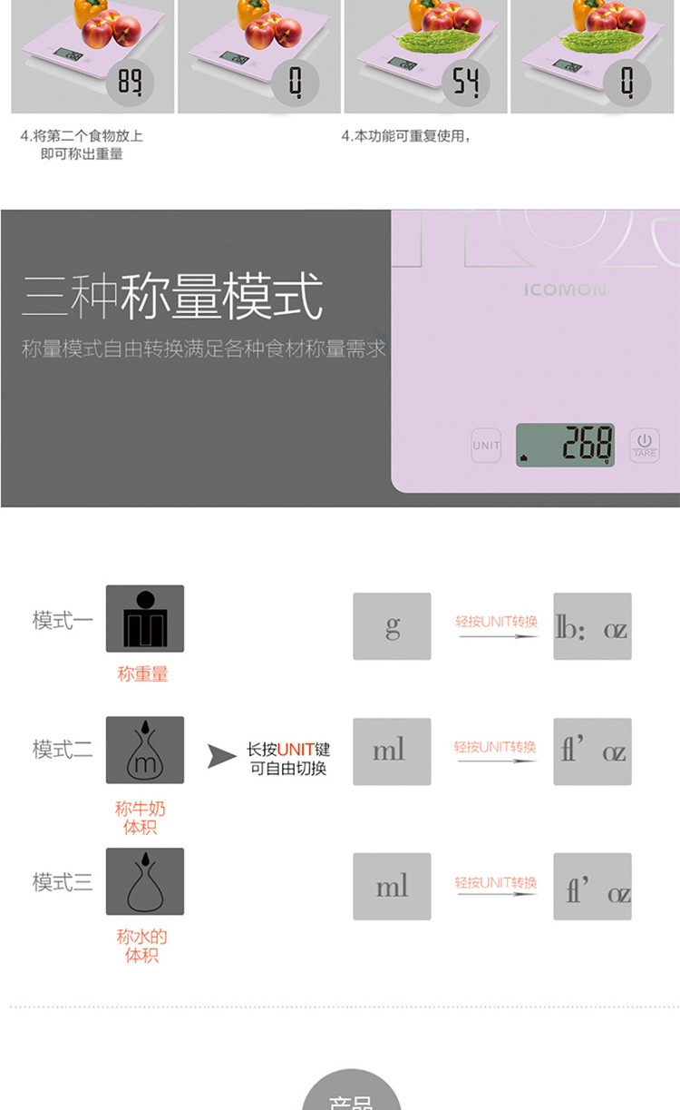 【中山馆】沃莱/ICOMON 电子厨房秤KG602 钢化玻璃秤面 智能省电 49元包邮