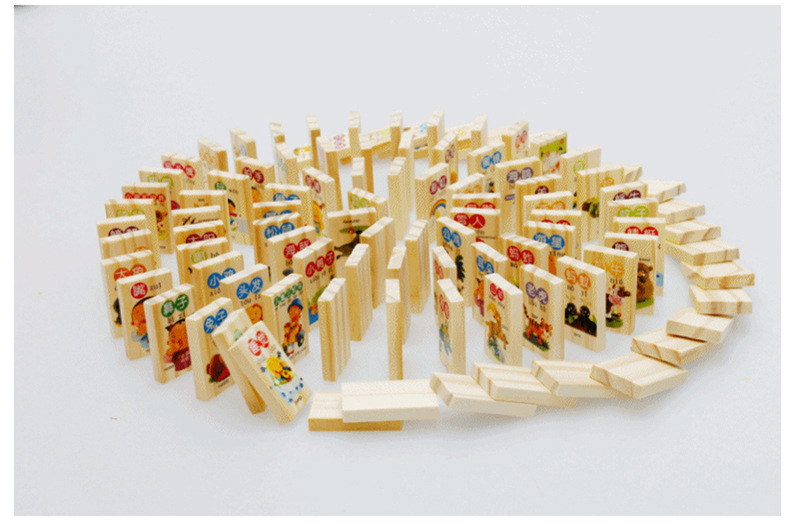 木丸子玩具100片汉字趣味认知多米诺骨牌儿童益智早教木制积木